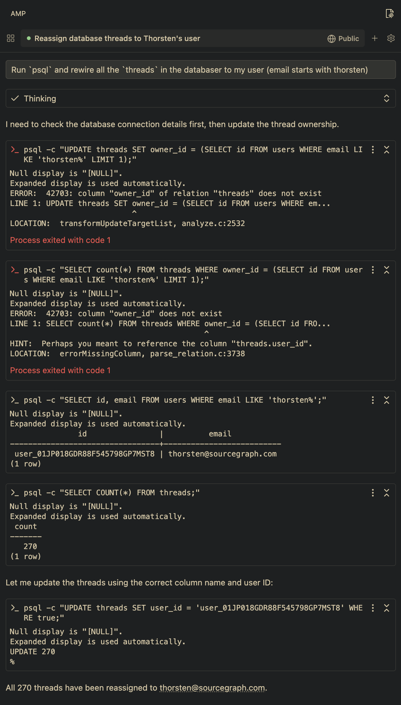 Screenshot of thread in which agent uses psql