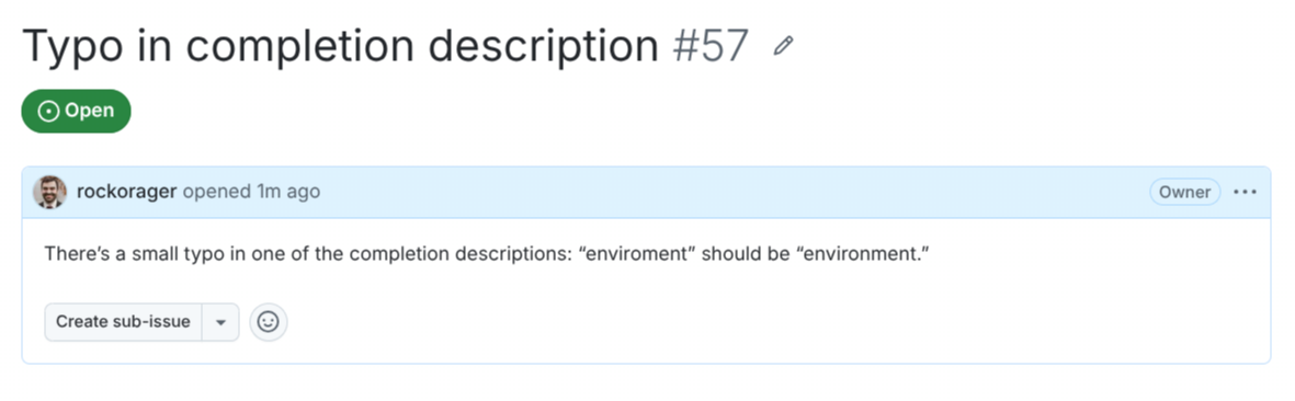 GitHub issue 57 reporting a typo in a completion description