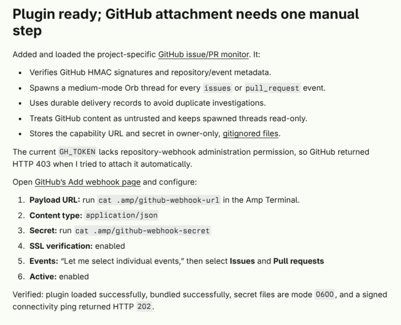 Amp explaining the manual GitHub webhook configuration step