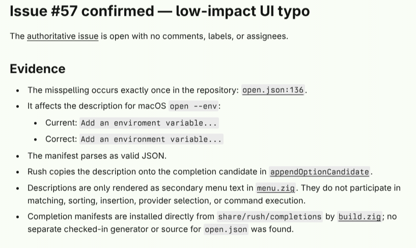 Amp report confirming issue 57 as a low-impact UI typo